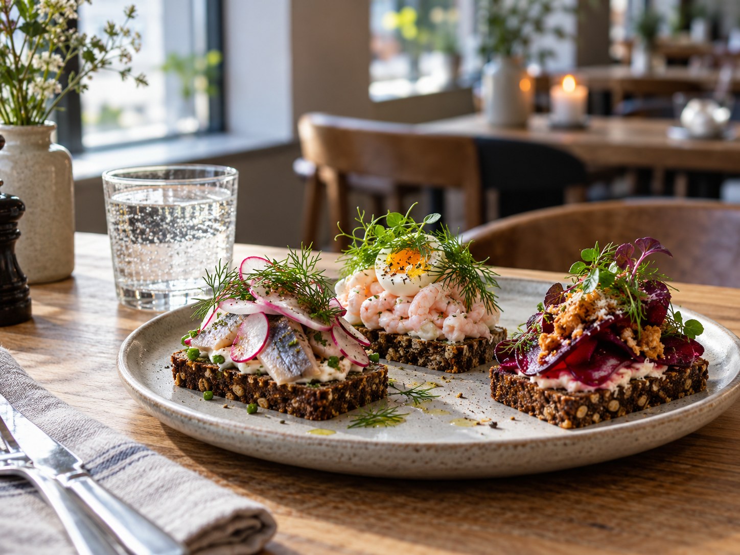 AI-genereret foto af dansk smørrebrød; ikke et bestemt spisesteds menu