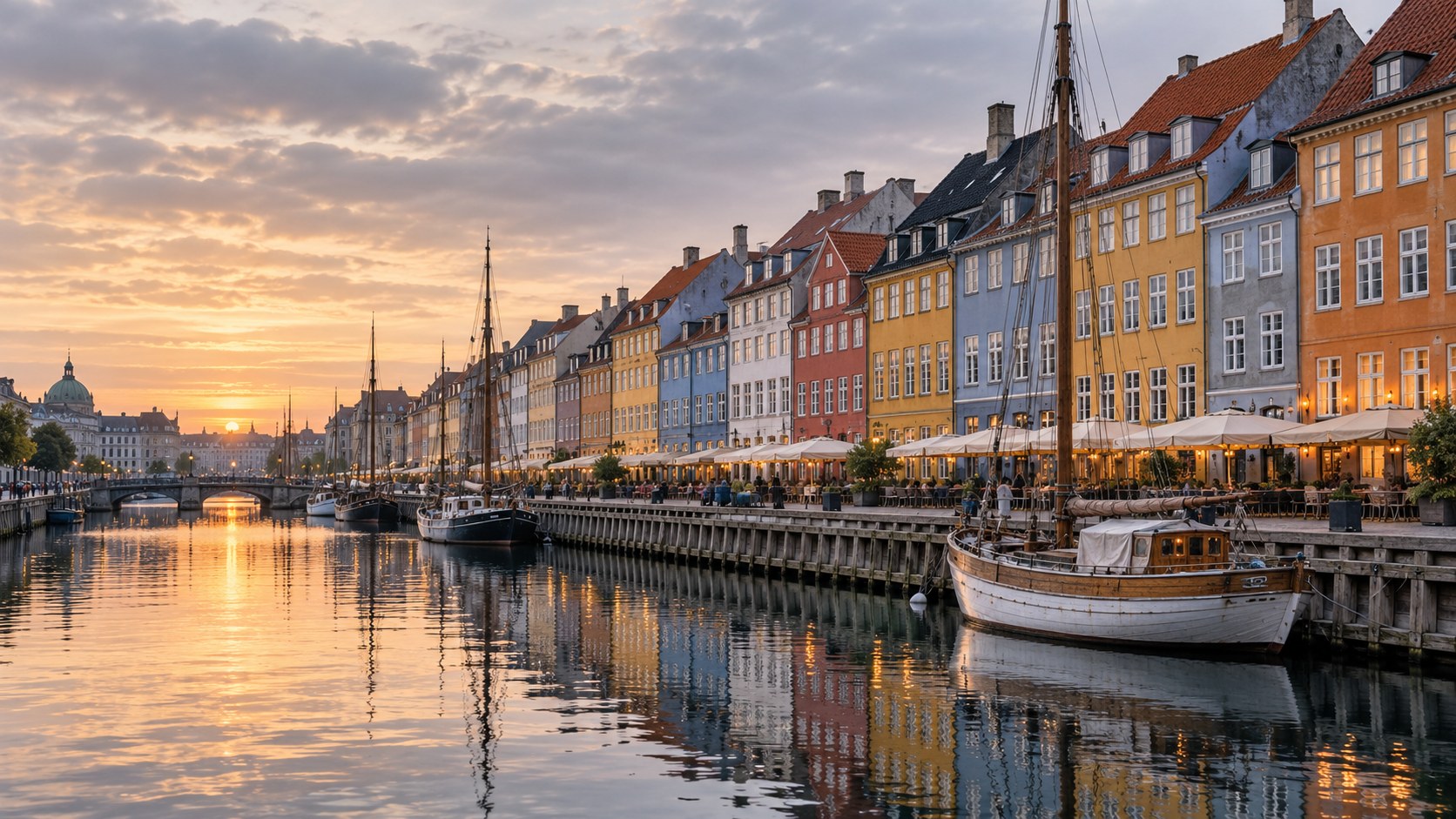 AI-genereret redaktionelt billede af Nyhavns havnemiljø i København